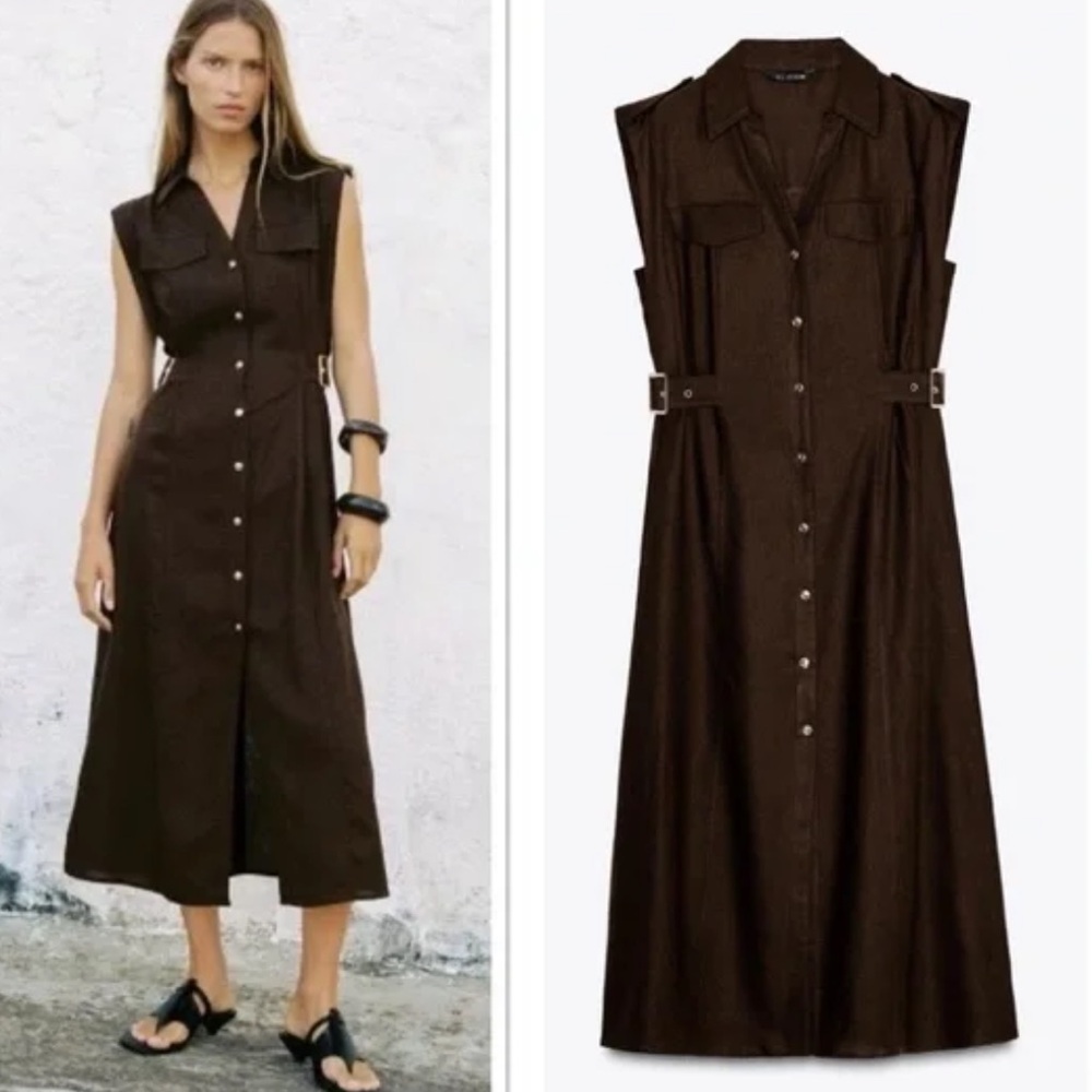 ❌SOLD❌ZARA Brown Linen Midi Sleeveless Dress - Picture 2 of 4